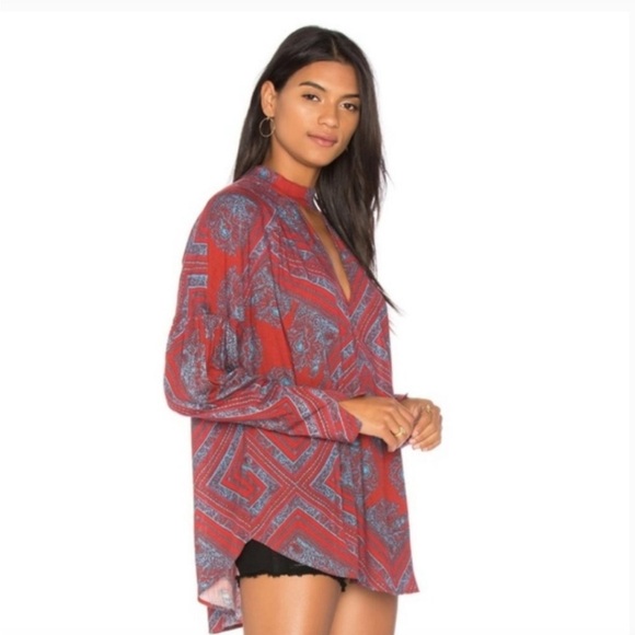 FREE PEOPLE walking on a dream tunic top red blue combo large boho - Picture 2 of 5